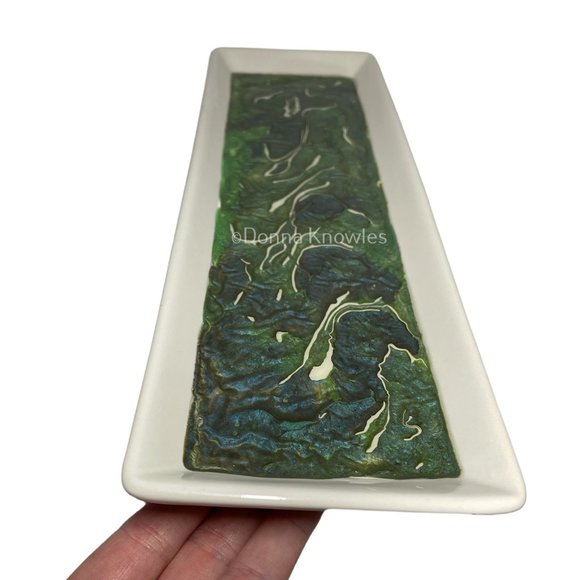 NWOT Fluid Art Ceramic Tray with Metal Stand - Picture 2 of 11